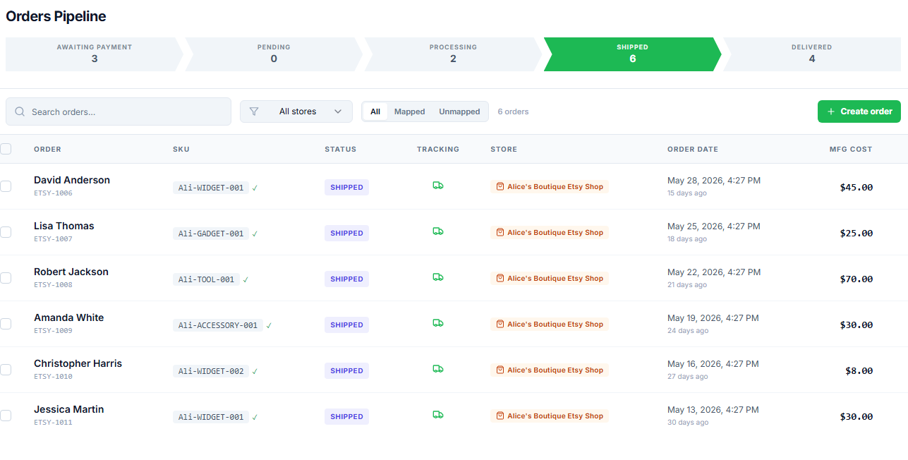 OrdoMark orders pipeline showing orders moving from awaiting payment through shipped and delivered